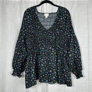 Dark Floral Babydoll Top Size 1X Smocked Puff Sleeve Cottagecore Boho Cotton